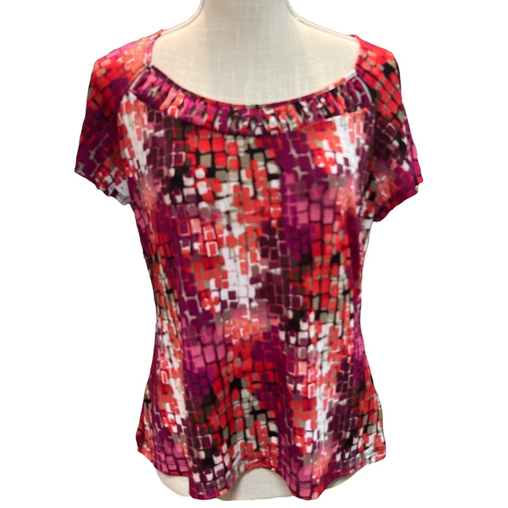 East 5th Red, Black, Tan, White & Pink Cobblestone Pattern Ladies Top